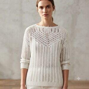 LOFT Womens White Open Knit Cotton Sweater Pointelle Boat Neck Boho Coastal NEW